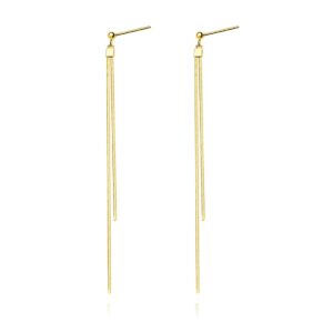 Reffeer Solid 925 Sterling Silver Tassel Chain Dangle Earrings for Women Teen Girls Long Dangle Drop Earrings Minimalist (B-18K Gold)