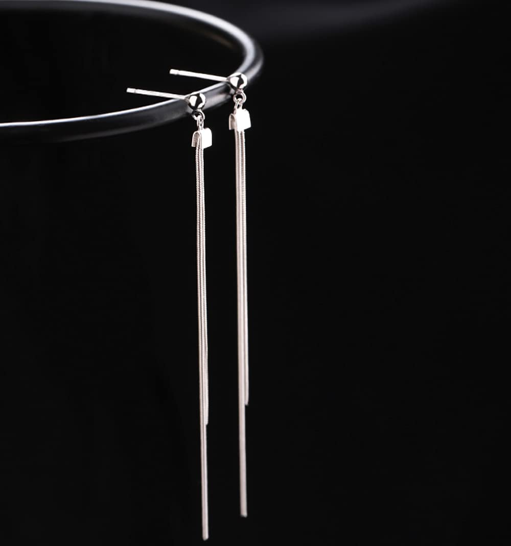 Reffeer Solid 925 Sterling Silver Tassel Chain Dangle Earrings for Women Teens Girls Long Dangle Drop Earrings Minimalist (A-Silver)