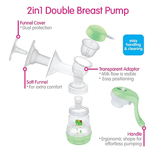 MAM 2-in-1 Double Electric Breast Pump & Manual Breast Pump, Portable Breast Pump with 2 Easy Start Anti-Colic Bottles & Breastfeeding Supplies