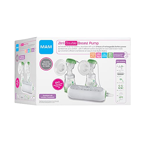 MAM 2-in-1 Double Electric Breast Pump & Manual Breast Pump, Portable Breast Pump with 2 Easy Start Anti-Colic Bottles & Breastfeeding Supplies