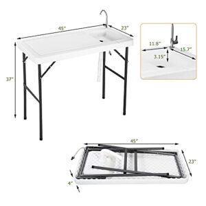 PETSITE Fish Cleaning Table, Portable Camping Sink with Faucet, Outdoor Picnic Foldable Washing Table, White