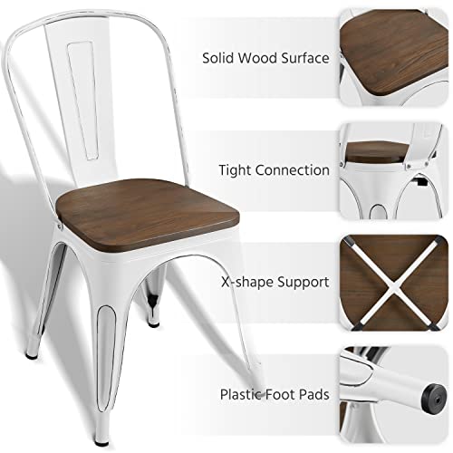 Yaheetech Set of 4 Metal Dining Chairs with Wood Seat Metal Side Chairs Kitchen Chairs with Back Bistro Café Trattoria Kitchen, Distressed White