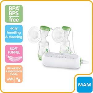 MAM 2-in-1 Double Electric Breast Pump & Manual Breast Pump, Portable Breast Pump with 2 Easy Start Anti-Colic Bottles & Breastfeeding Supplies