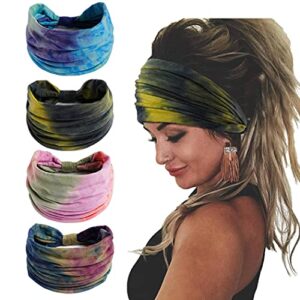 gangel boho headbands tie dye fabric turban head wraps wide hair scarf yoga running hair accessories for women and girls(pack of 4) (tie dye)