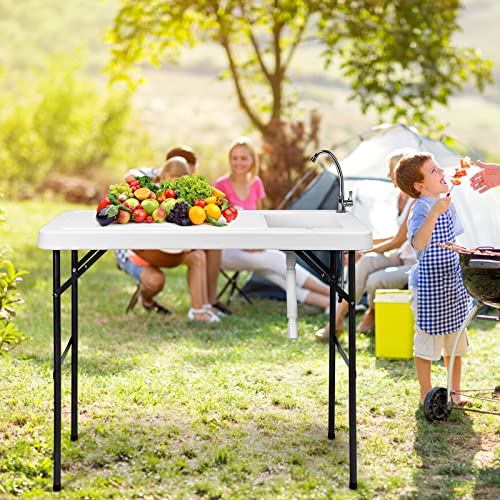 PETSITE Fish Cleaning Table, Portable Camping Sink with Faucet, Outdoor Picnic Foldable Washing Table, White