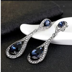 Extra Large Long Antique Vintage Retro Deco Gatsby Flapper Style Dark Navy Midnight Sapphire Blue Rhinestone Dangle Earrings