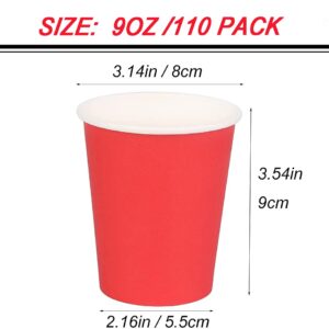 [110 Pack] Paper Cups 9 Oz, Red Paper Cups Party,Disposable Paper Coffee Cup, Hot or Cold Beverage Drinking Paper Cups, Paper Cups for Party, Picnic, BBQ, Travel, and Event(Red)