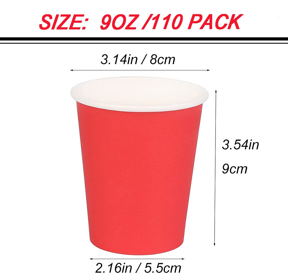 [110 Pack] Paper Cups 9 Oz, Red Paper Cups Party,Disposable Paper Coffee Cup, Hot or Cold Beverage Drinking Paper Cups, Paper Cups for Party, Picnic, BBQ, Travel, and Event(Red)