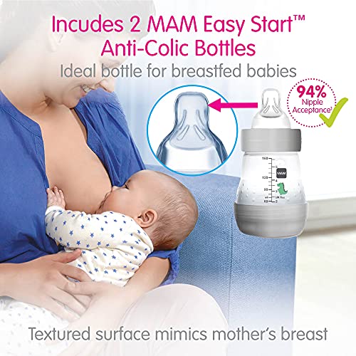 MAM 2-in-1 Double Electric Breast Pump & Manual Breast Pump, Portable Breast Pump with 2 Easy Start Anti-Colic Bottles & Breastfeeding Supplies