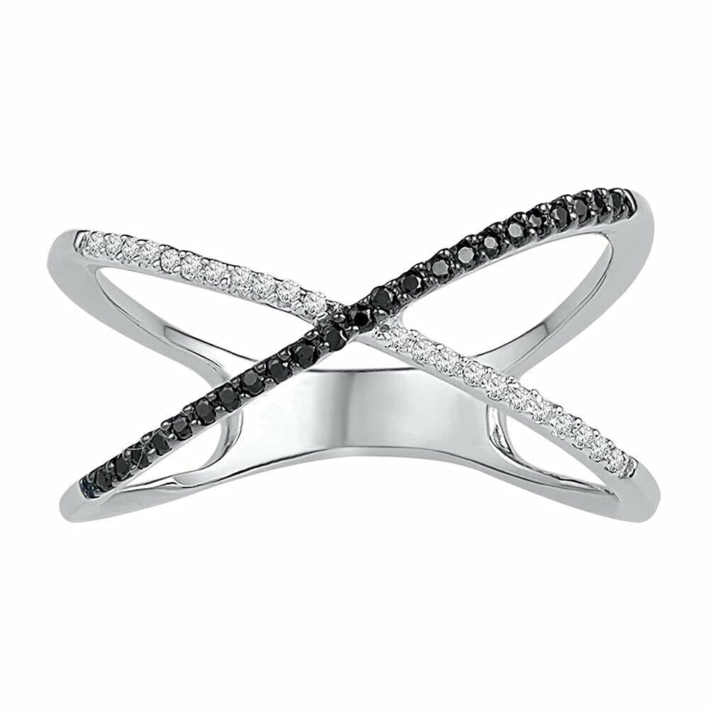 Ritika Created Round Cut Black & White Diamond In 925 Sterling Silver 14K White Gold Over Diamond Enhanced Diamond Crossover Band Ring for Women's