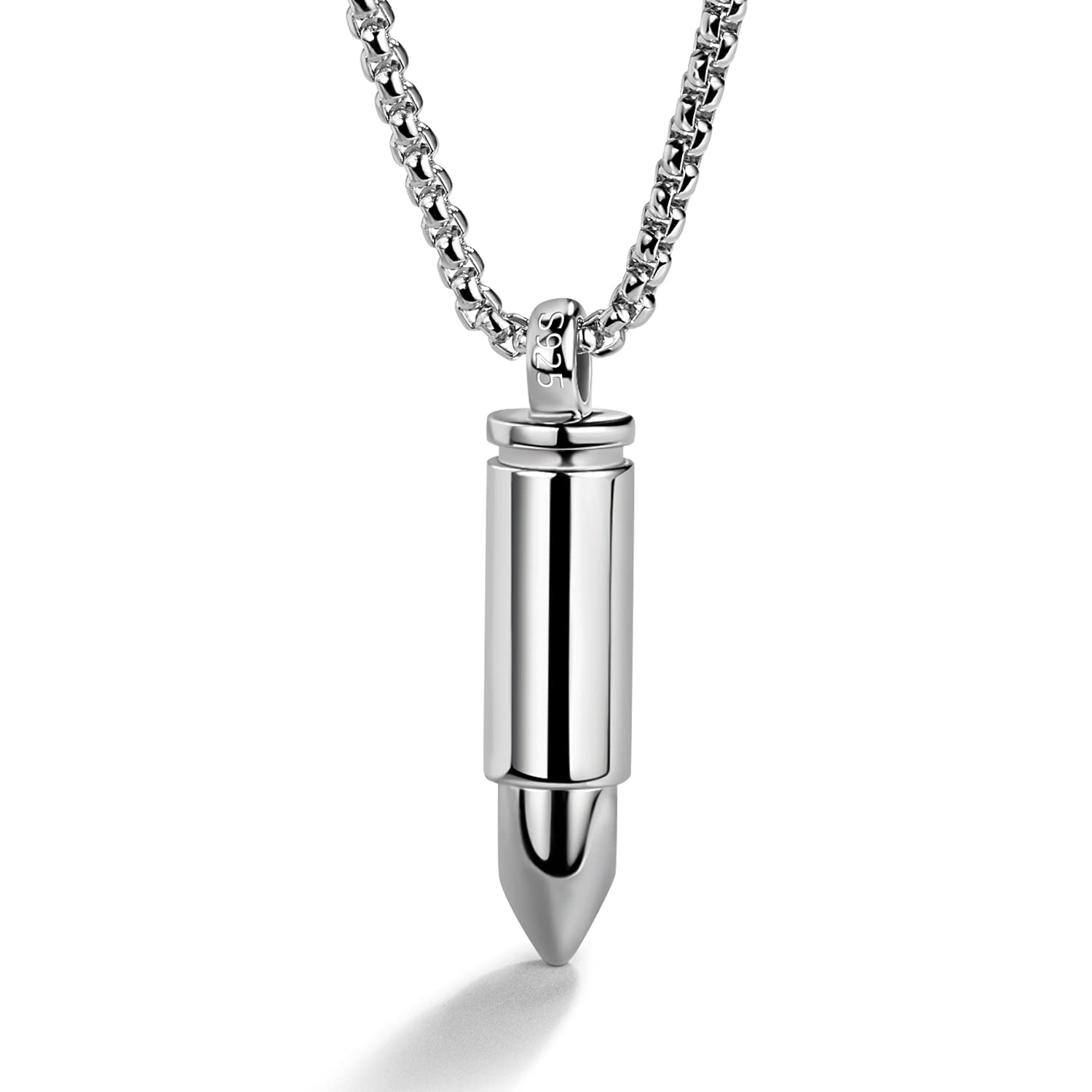 Dankadi Men & Women 925 Sterling Silver Bullet Pendant Can Be Opened for Memorial Necklace -Cremation Urn -Ashes Pendant Box Chain 18 "20" 22 "24" 26 "28" Jewelry Keepsakes (A style, 28)