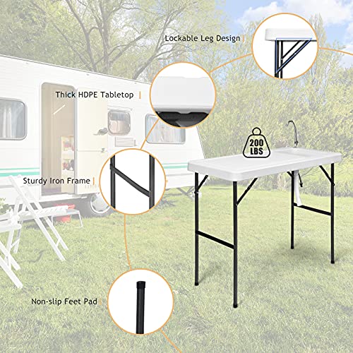 PETSITE Fish Cleaning Table, Portable Camping Sink with Faucet, Outdoor Picnic Foldable Washing Table, White