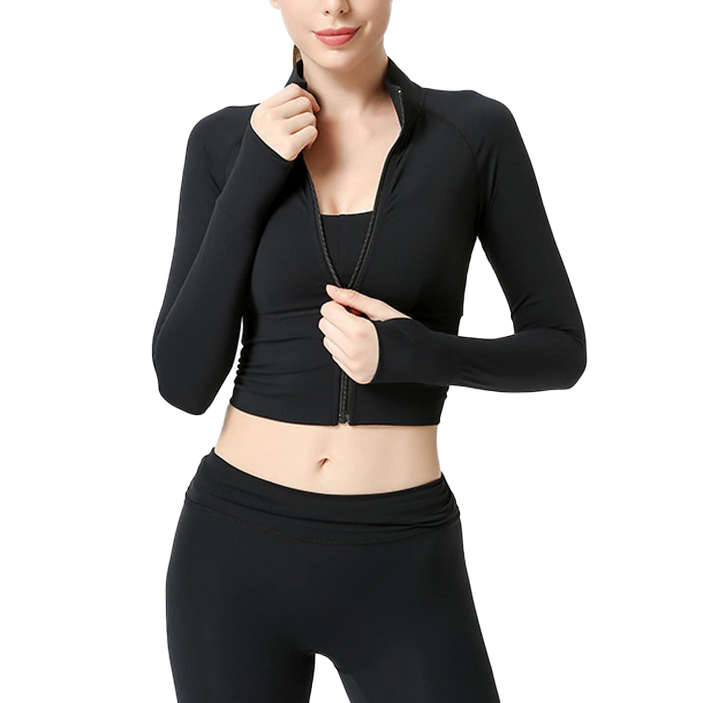 Flygo Women's Lightweight Athletic Full Zip Cropped Workout Running Jacket with Thumb Hole (Black, X-Large, x_l)