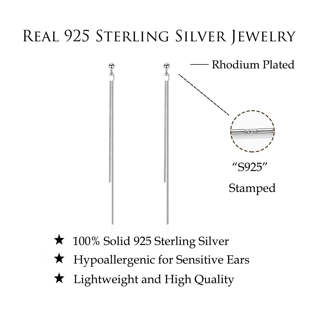 Reffeer Solid 925 Sterling Silver Tassel Chain Dangle Earrings for Women Teens Girls Long Dangle Drop Earrings Minimalist (A-Silver)