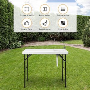 PETSITE Fish Cleaning Table, Portable Camping Sink with Faucet, Outdoor Picnic Foldable Washing Table, White