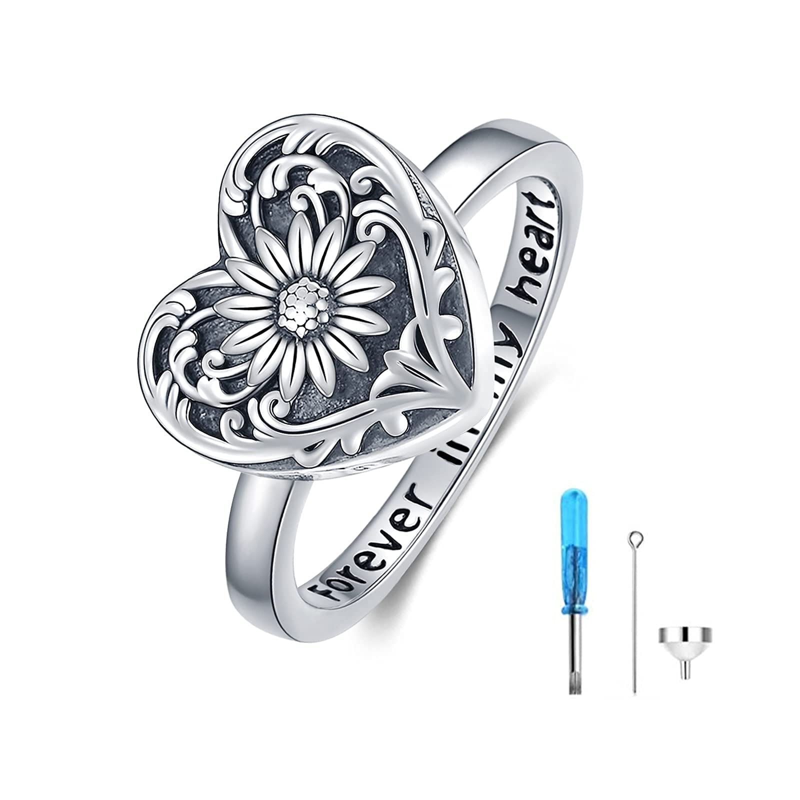 SOULMEET Sunflower Locket Urn Ring That Holds Loved Ones Ashes Sterling Silver Personalized Locket Band Keepsake Memorial Jewelry Cremation Rings for Women Size 7 (Forever in My Heart Engraving)