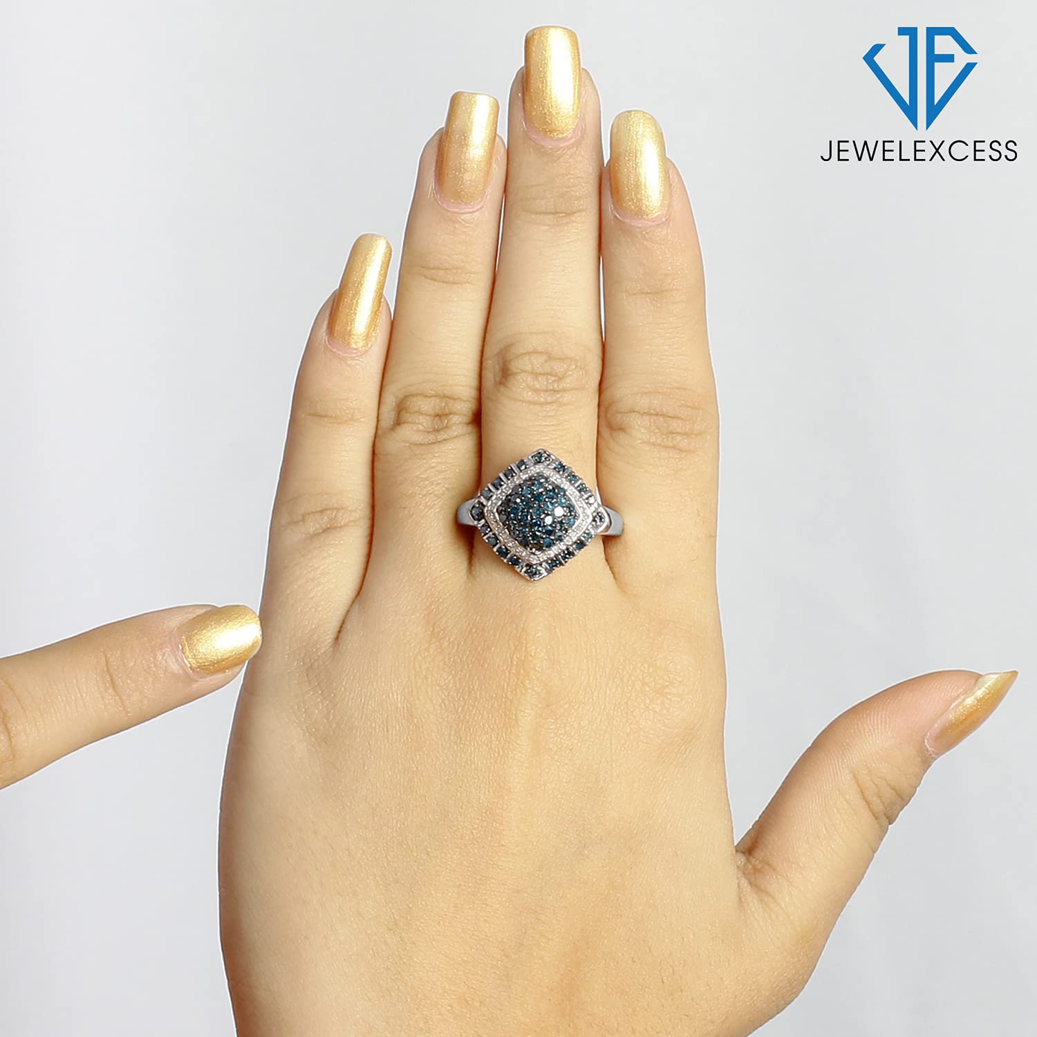 JEWELEXCESS Sterling Silver Blue & White 1 Carat Diamond Ring for Women| Dual-Colored Ring Band with Round Diamonds