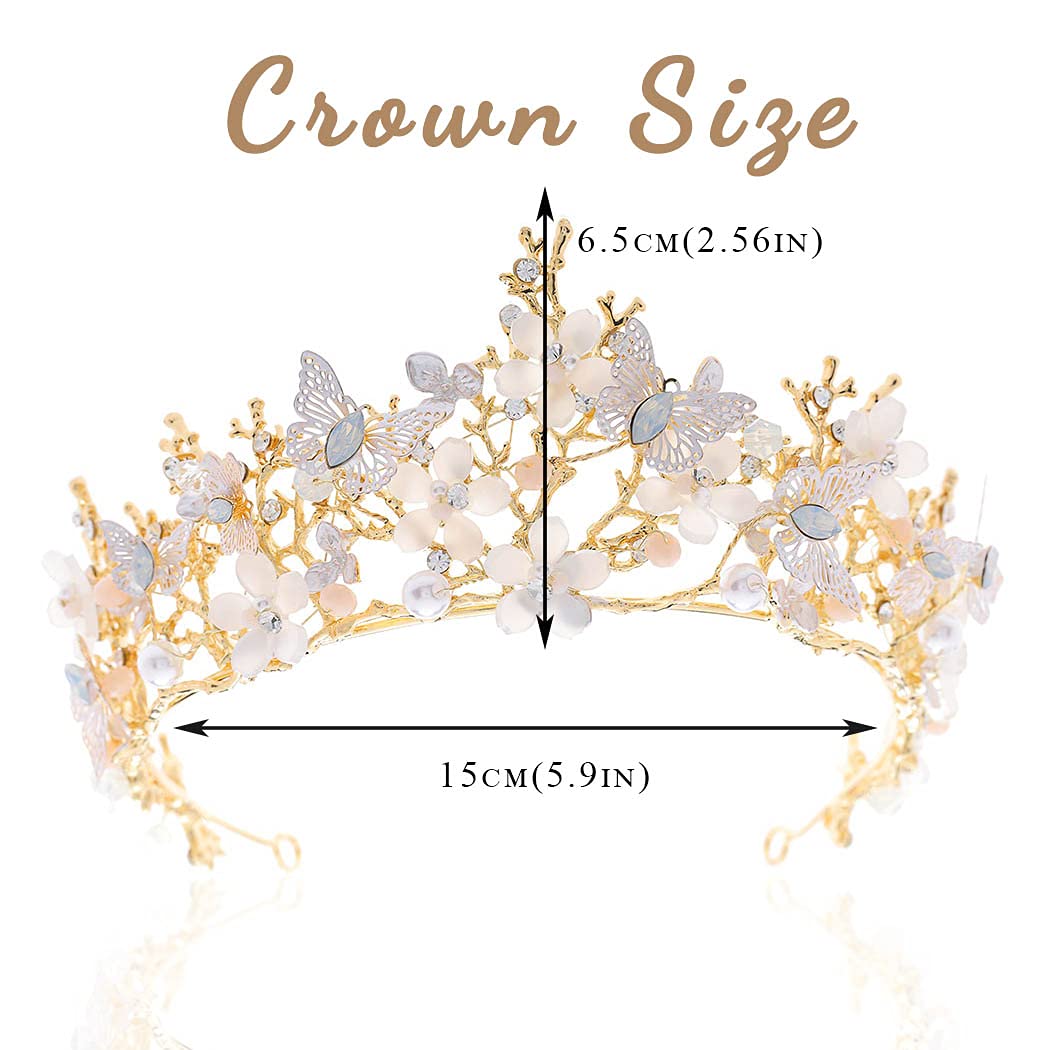 Kilshye Queen Crown Gold Tiaras and Crowns Butterfly Rhinestone Tiara Vintage Bridal Wedding Crown Pageant Costmue Prom Headpiece for Women and Girls (Gold)