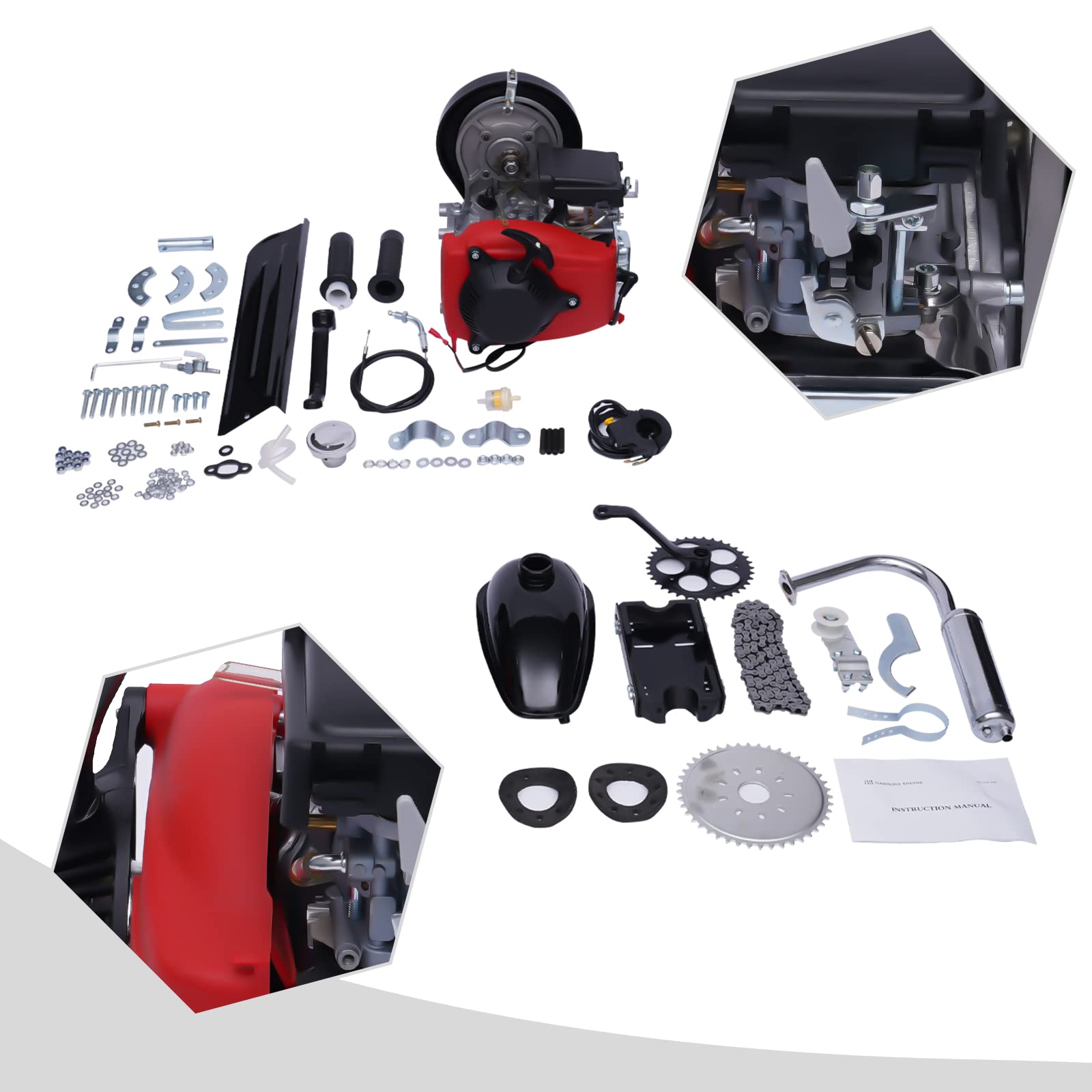 Motorized Bicycle Kit 49CC 4-Stroke Gas Petrol Bike Engine Air-Cooled System Single Cylinder Belt Drive Scooter Engine Conversion Kit for Normal 28” V Frame Bike and 26” ATV Bike (Belt type)