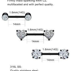 Ronbemo 3 Pairs Surgical Steel Nipple Ring CZ Straight Barbell Heart Rhinestone Nipple Studs Nipple Bar Body Piercing Jewelry for Women Black