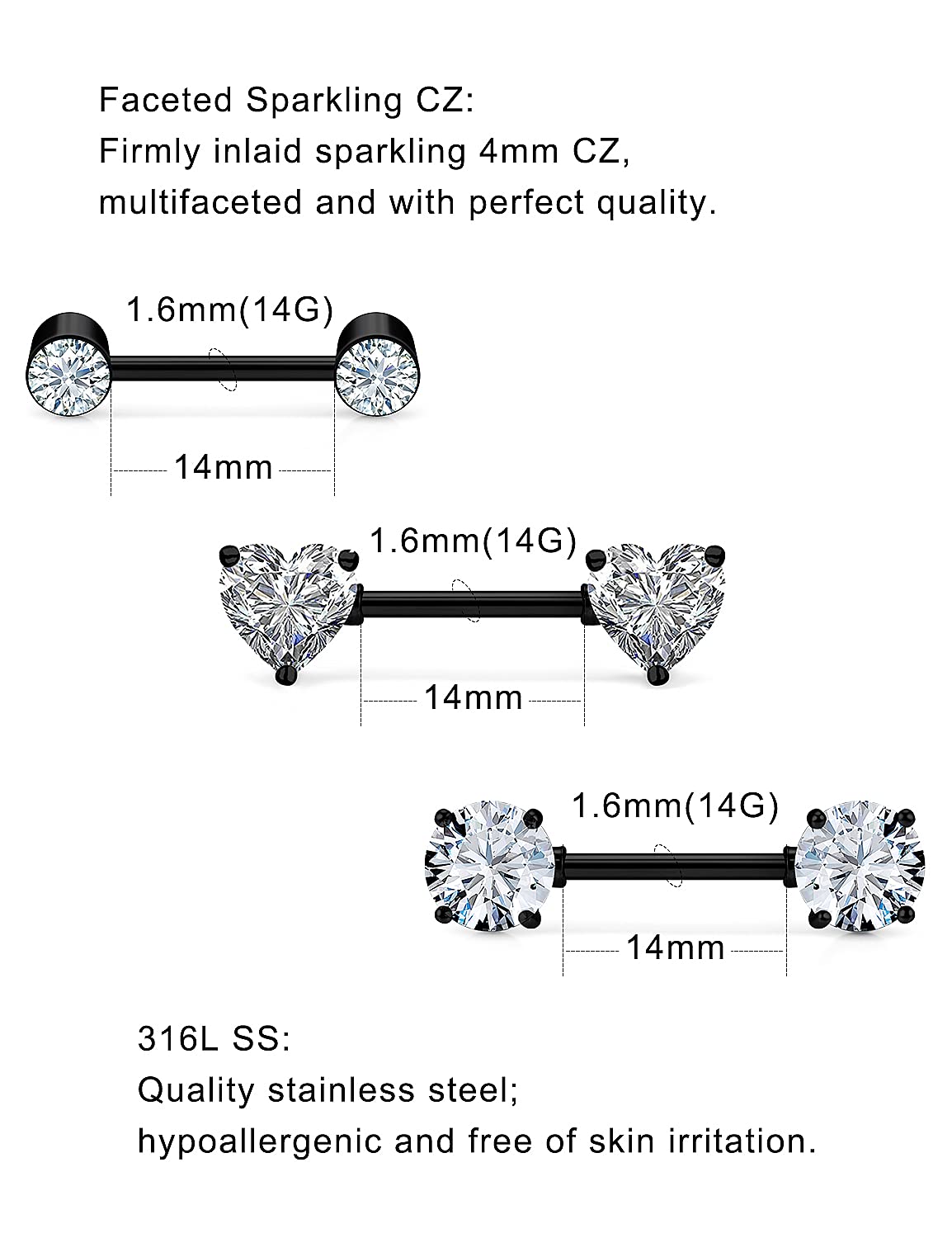 Ronbemo 3 Pairs Surgical Steel Nipple Ring CZ Straight Barbell Heart Rhinestone Nipple Studs Nipple Bar Body Piercing Jewelry for Women Black