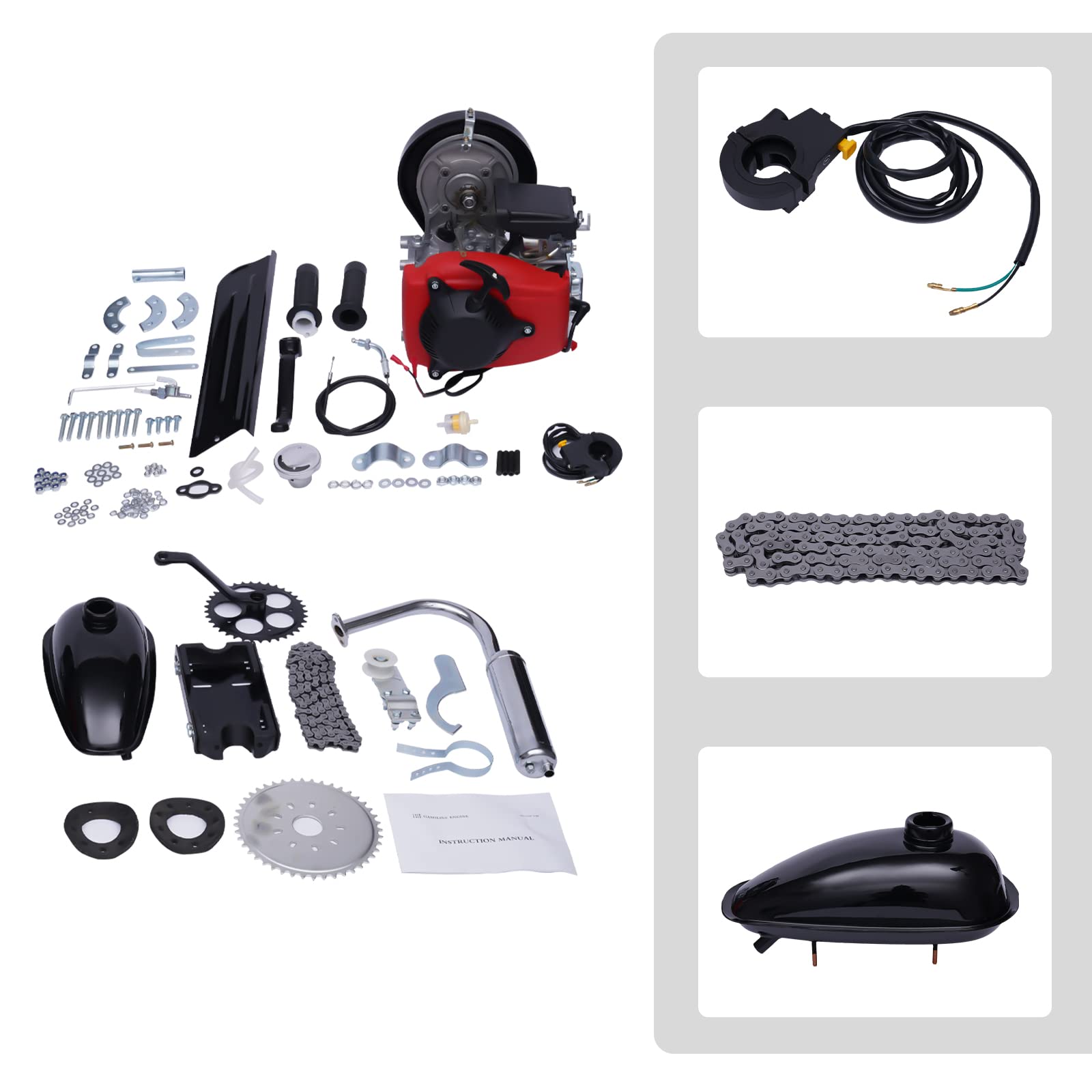 Motorized Bicycle Kit 49CC 4-Stroke Gas Petrol Bike Engine Air-Cooled System Single Cylinder Belt Drive Scooter Engine Conversion Kit for Normal 28” V Frame Bike and 26” ATV Bike (Belt type)