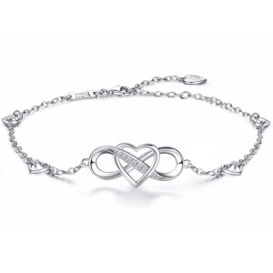 Billie Bijoux 925 Sterling Silver Anklet Bracelets for Women Infinity Heart Ankle Bracelet White Gold Plated Love Charm Adjustable Large Bracelet Gifts for Women Wife (A-Silver)