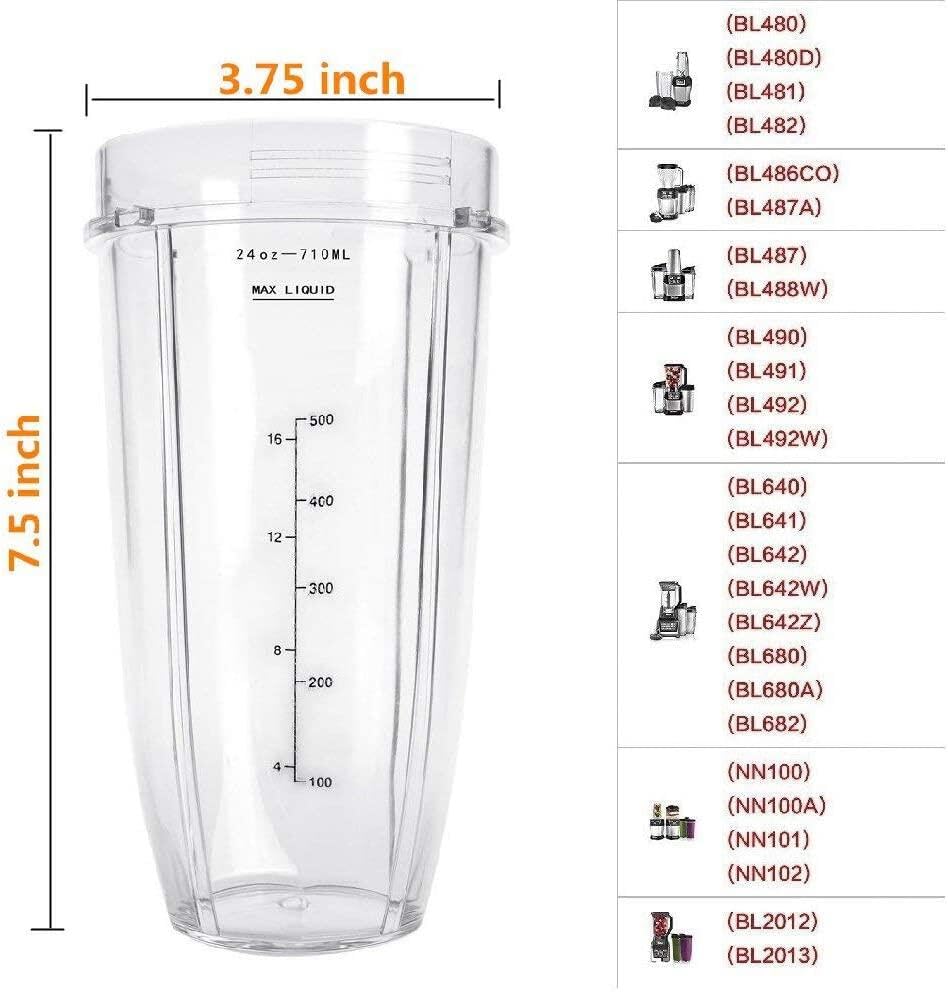 Weierken 24oz Cups Compatible with Nutri Ninja Auto IQ Series Blender, Pro Replacement Parts with 2 Type Lids, 7 Fins Extractor Blade, Compatible for BL450-30, BL456-30, BL481-30,BL487, NN100 etc