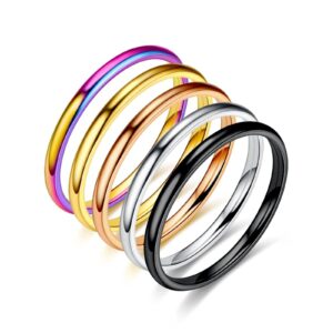 colorful bling 2mm thin titanium stainless steel stackable band knuckle stacking rings set dome polished surface midi ring simple for men women wedding classic jewelry-6