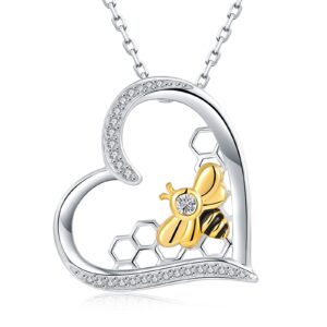 925-Sterling-Silver Heart Honeycomb Bee Necklace - Embellished With Zirconia Queen Bee Jewelry,Plated White Gold + 18K Gold Cute Animal Bumblebee Pendant Gift for Women & Honeybee Lover