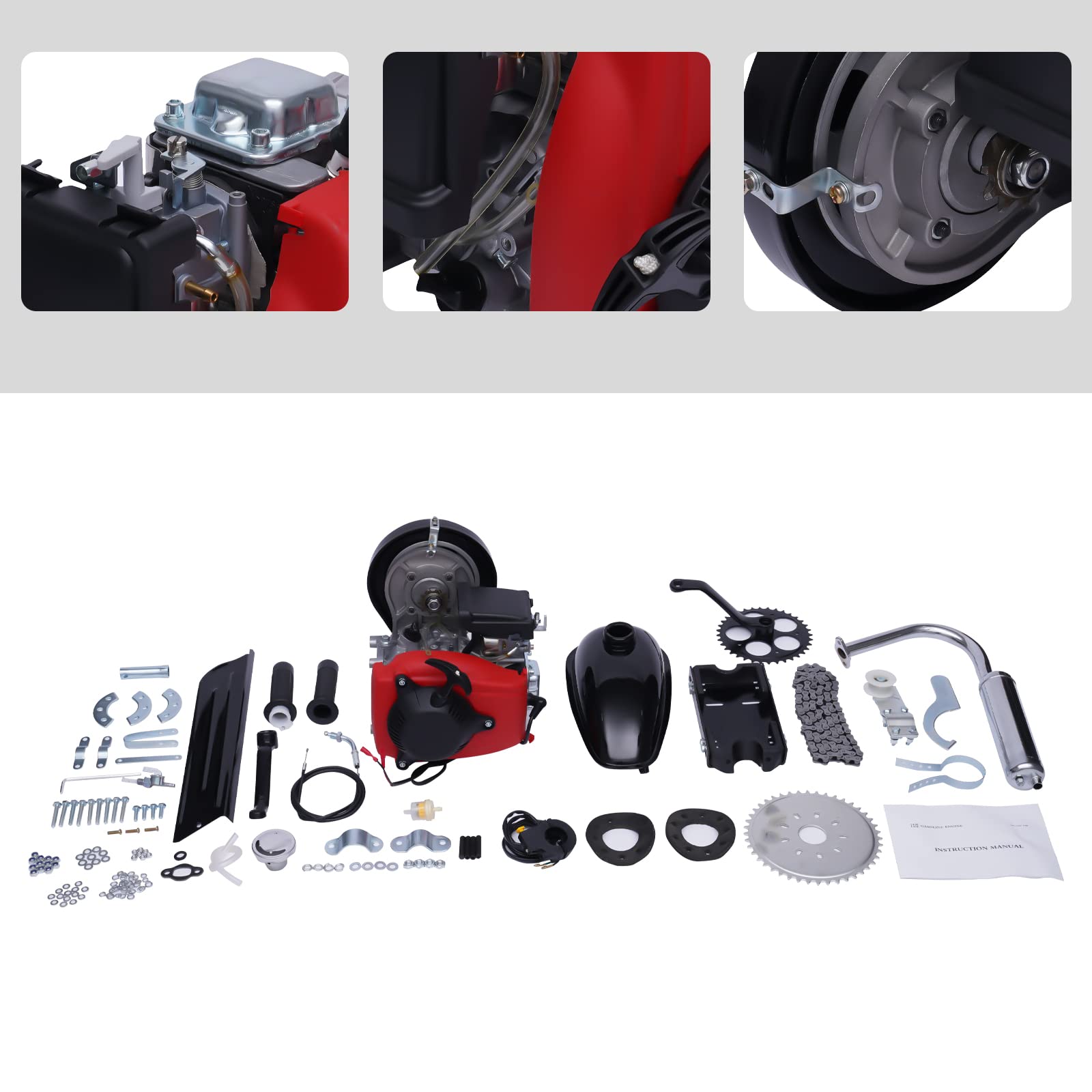 Motorized Bicycle Kit 49CC 4-Stroke Gas Petrol Bike Engine Air-Cooled System Single Cylinder Belt Drive Scooter Engine Conversion Kit for Normal 28” V Frame Bike and 26” ATV Bike (Belt type)