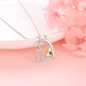 925-Sterling-Silver Heart Honeycomb Bee Necklace - Embellished With Zirconia Queen Bee Jewelry,Plated White Gold + 18K Gold Cute Animal Bumblebee Pendant Gift for Women & Honeybee Lover