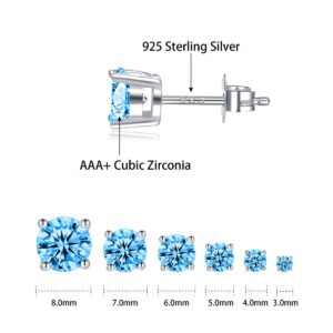 925 Sterling Silver Round-Cut Blue Cubic Zirconia Stud Earrings 3mm-8mm Options, Simulated Diamond CZ Studs Hypoallergenic Jewelry (3mm)