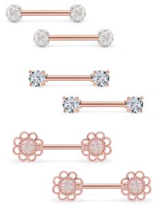 hnxnskt 3 pairs stainless steel nipple ring cz straight barbell rhinestone nipple studs nipple body piercing jewelry for women rose gold