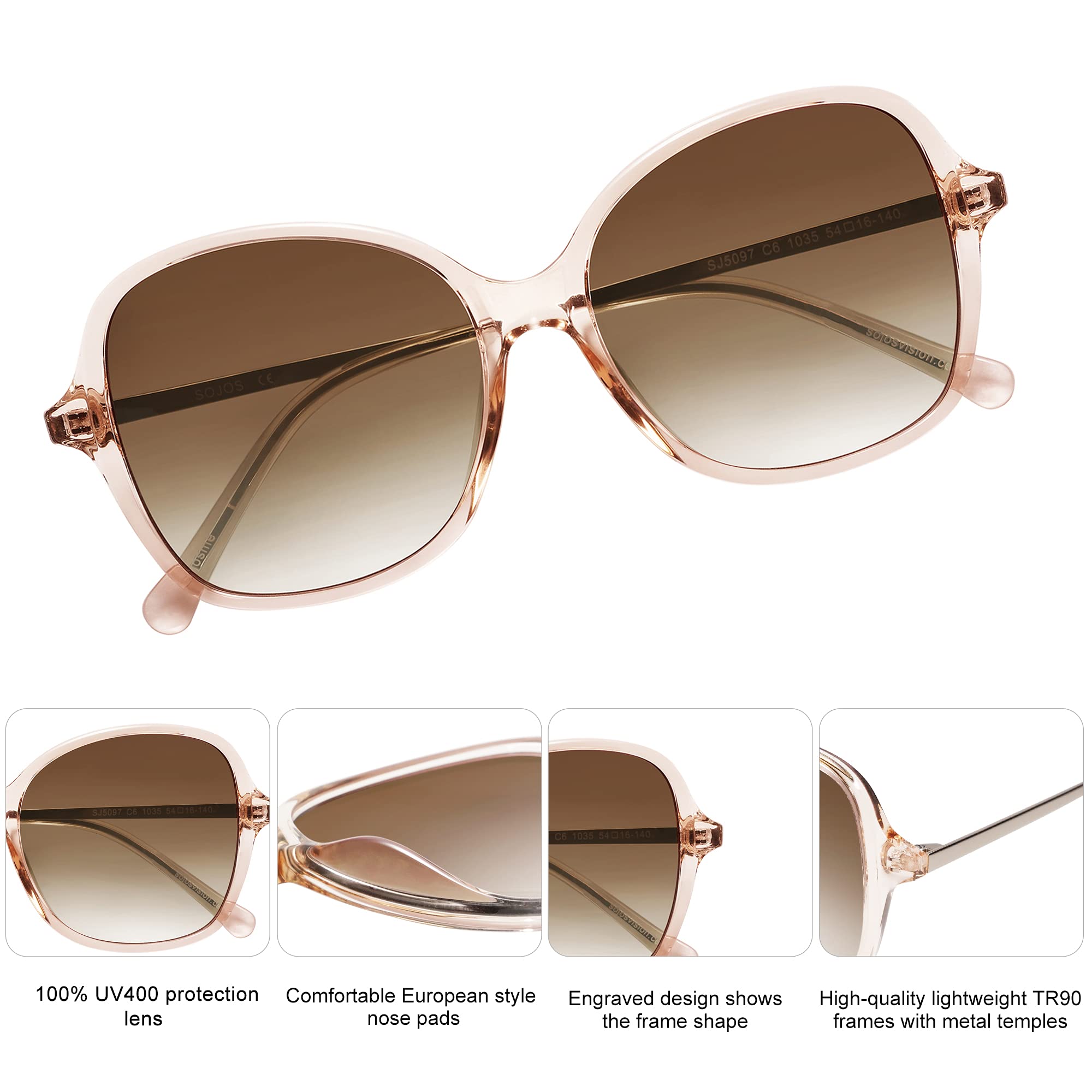 SOJOS Vintage Big Oversized Square Sunglasses for Women TR90 Frame Womens Shades Sunglasses SJ5097 with Crystal Brown Frame/Brown Grading Lens