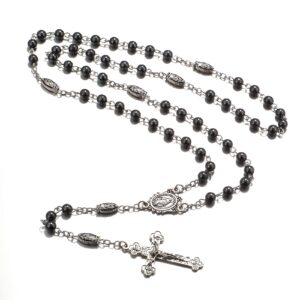 rnivida black hematite beads rosary virgin mary cross rosary necklace with jesus crucifix, miraculous mary medal rosary catholic prayer gifts for women