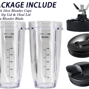 Weierken 24oz Cups Compatible with Nutri Ninja Auto IQ Series Blender, Pro Replacement Parts with 2 Type Lids, 7 Fins Extractor Blade, Compatible for BL450-30, BL456-30, BL481-30,BL487, NN100 etc