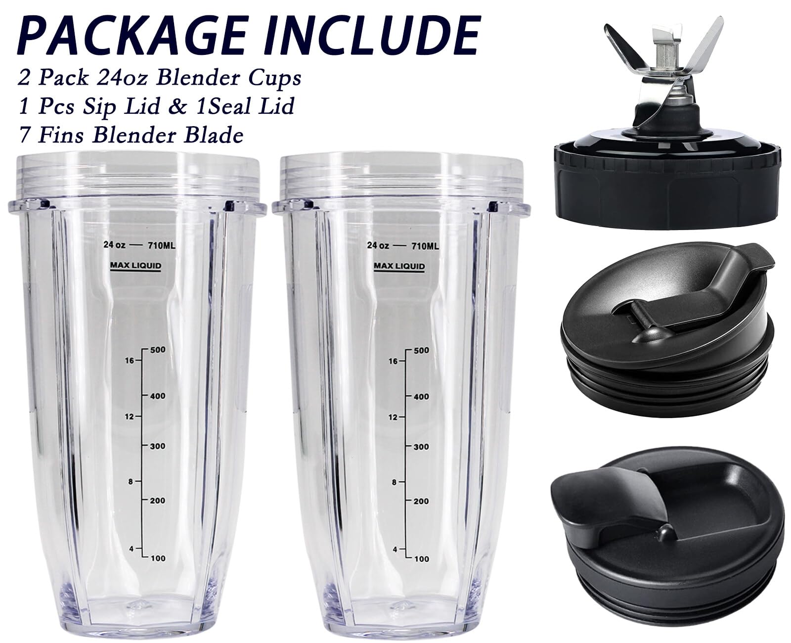 Weierken 24oz Cups Compatible with Nutri Ninja Auto IQ Series Blender, Pro Replacement Parts with 2 Type Lids, 7 Fins Extractor Blade, Compatible for BL450-30, BL456-30, BL481-30,BL487, NN100 etc