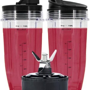 Weierken 24oz Cups Compatible with Nutri Ninja Auto IQ Series Blender, Pro Replacement Parts with 2 Type Lids, 7 Fins Extractor Blade, Compatible for BL450-30, BL456-30, BL481-30,BL487, NN100 etc