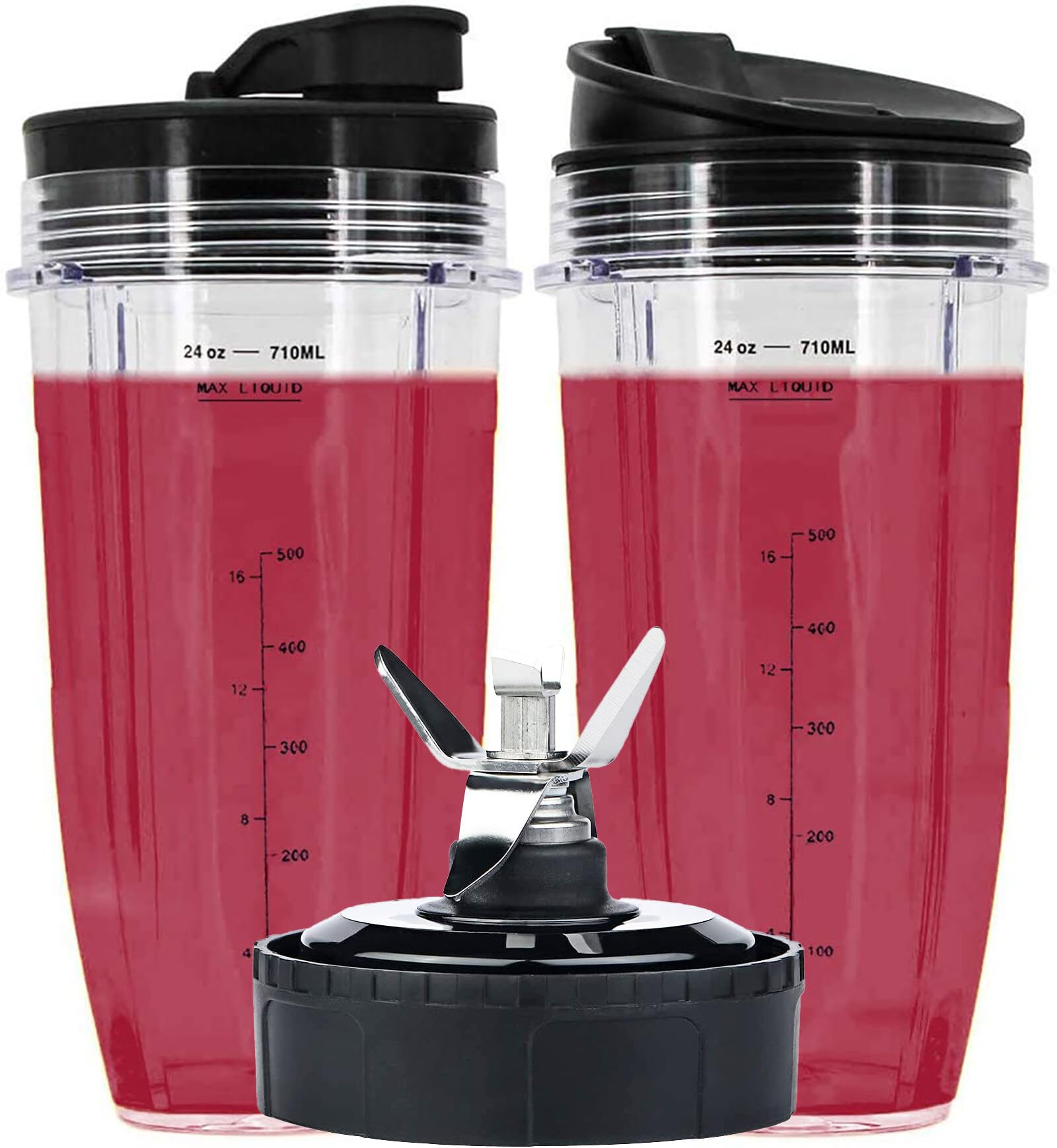 Weierken 24oz Cups Compatible with Nutri Ninja Auto IQ Series Blender, Pro Replacement Parts with 2 Type Lids, 7 Fins Extractor Blade, Compatible for BL450-30, BL456-30, BL481-30,BL487, NN100 etc