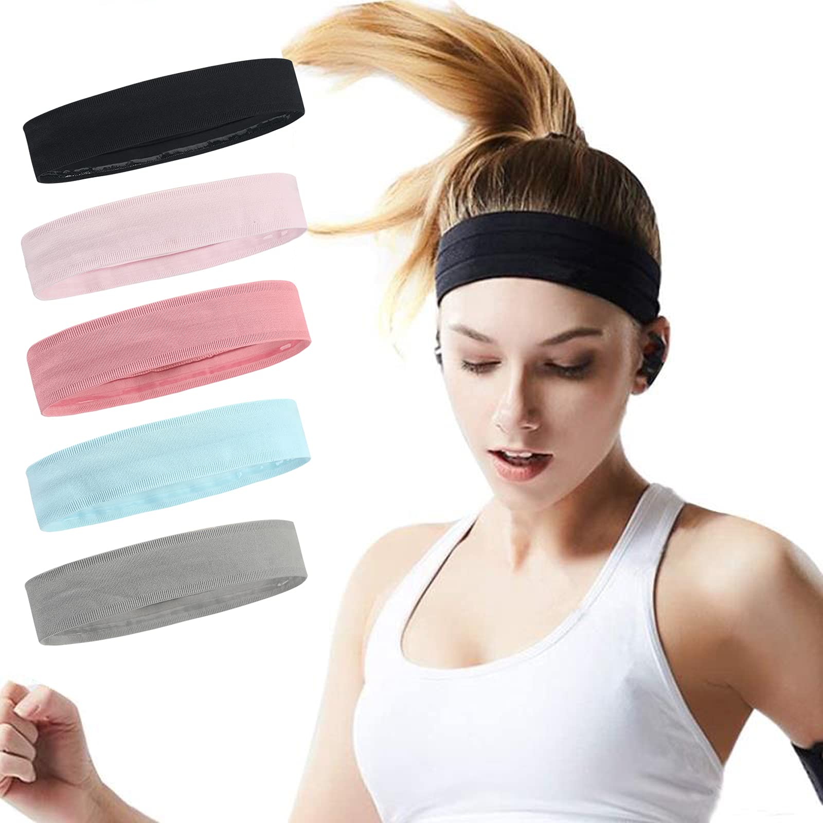 ONEYE Non Slip Headband Workout Headbands for Women Men Solid Sport Headbands Silicone Sweatbands Elastic Sport Hair Bands for Yoga Running Sports Travel Indoor Fitness Gym with 5 PCS