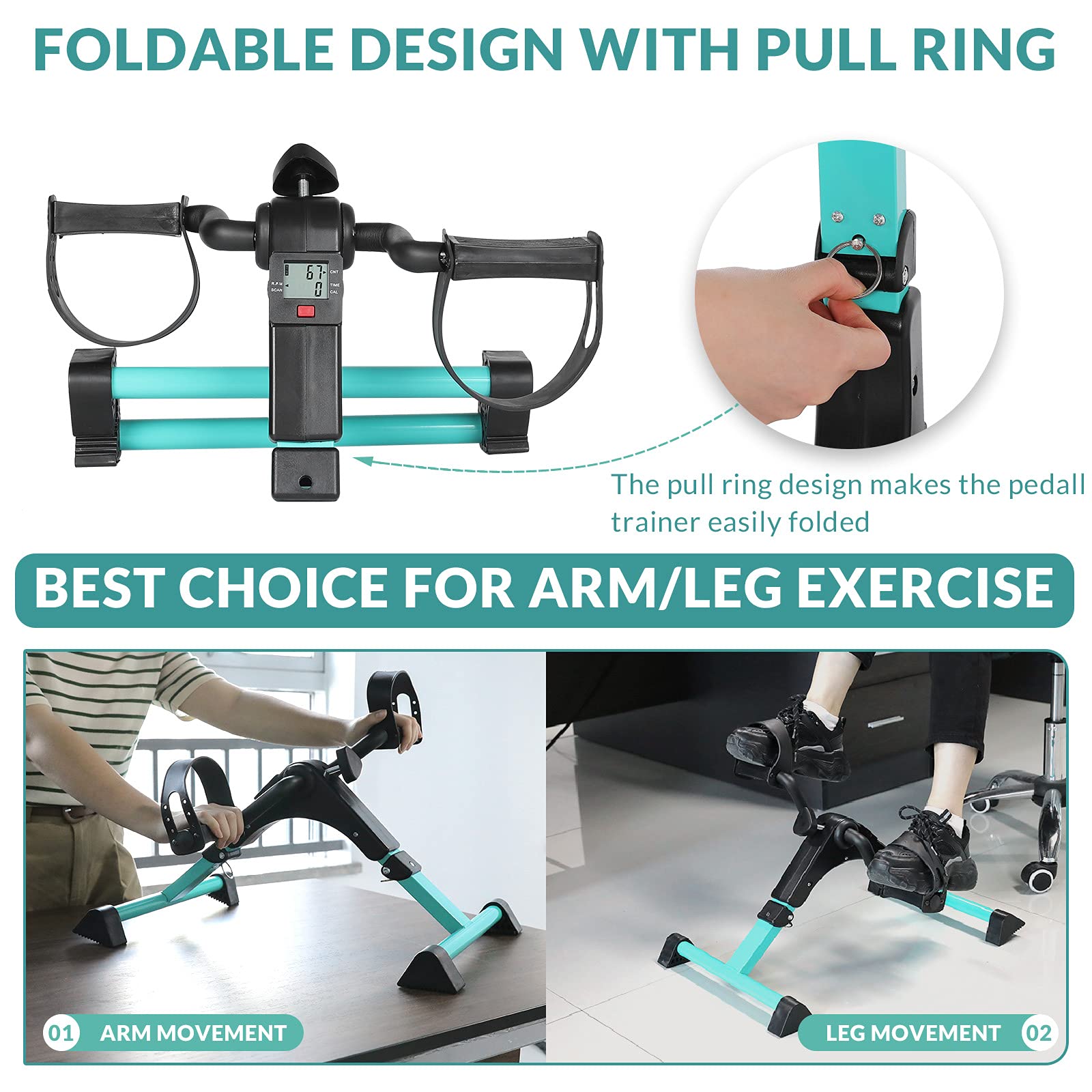 MEETWARM Pedal Exerciser Under Desk Exercise Peddler Arm Leg Folding Mini Stationary Peddler Bike with LCD Display Portable Bicycle Exerciser Machine for Seniors (Teal)