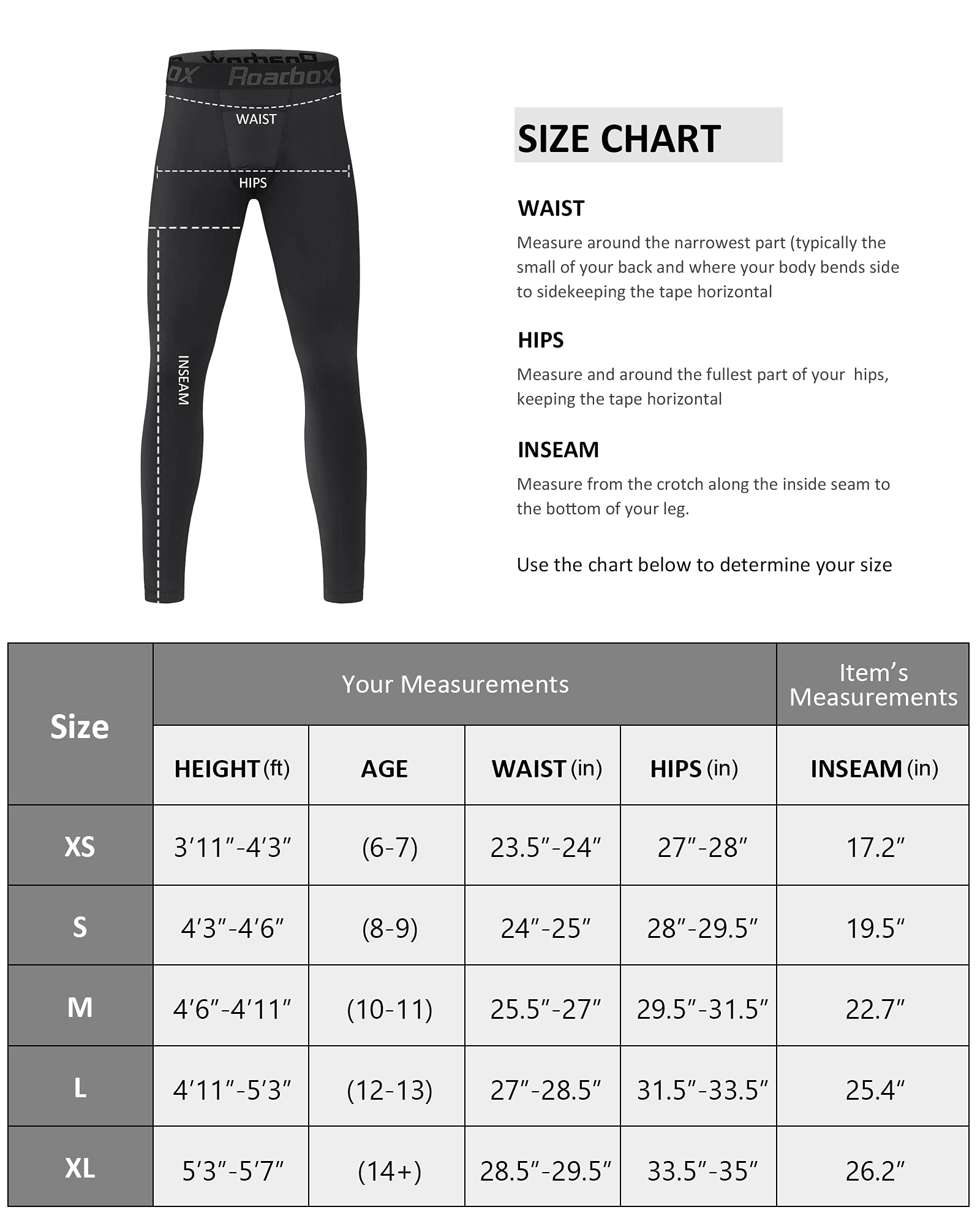 Roadbox Boys Compression Pants - 2 Pack Youth Athletic Tights Sports Leggings Kid Boys Spandex Base Layer Underwear for Basketball Football Running Blackwhite