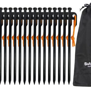 Sutekus Metal Tent Stakes with Reflective Pull Cord Heavy-Duty Forged Steel Tent Pegs Solid Tent Anchors and Camping Spikes for Camping Hiking Outdoors (8"/16PCS)