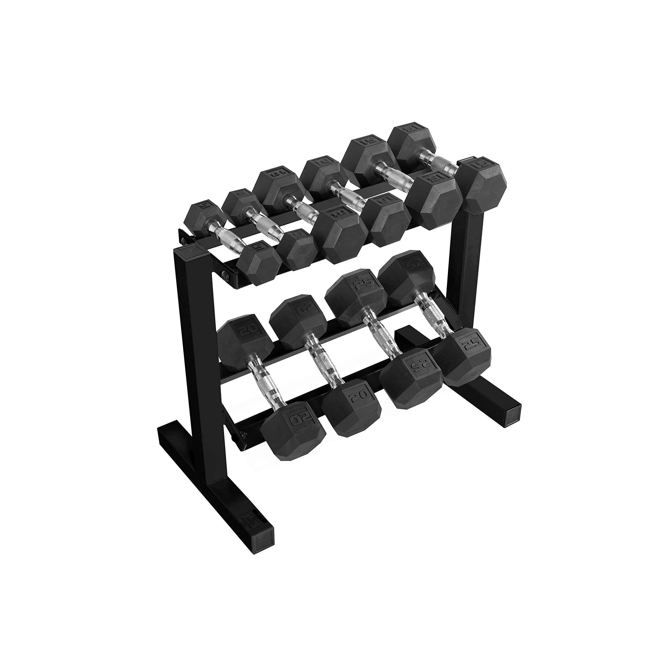 WF Athletic Supply 5-25Lb Rubber Coated Hex Dumbbell Set with Two Tier Storage Rack Non-Slip Hex Shape for Muscle Toning, Strength Building & Weight Loss, Black Rack, Contour Handle