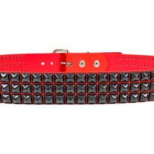 Red Three Row Black Pyramid Stud Belt Vegan Leather Punk Goth Alternative USA Made (XL)