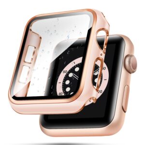 top4cus 38mm case compatible with apple watch, with built-in tempered glass screen protector, pc cover for iwatch series 9/8/7/se 2rd se 6 5 4/3 2 for choice (38mm, pink + rose gold edge)