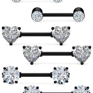 Ronbemo 3 Pairs Surgical Steel Nipple Ring CZ Straight Barbell Heart Rhinestone Nipple Studs Nipple Bar Body Piercing Jewelry for Women Black