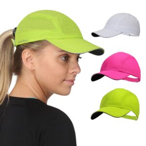 trailheads women's race day performance running cap, lightweight & quick drying mesh sports hat with reflective trim, adjustable fit - white-cool green-pink punch 3-pk