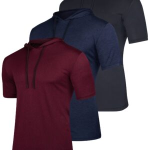 3 Pack: Mens Dry Fit Moisture Wicking Short Sleeve Active Athletic Hoodie Pullover Sweatshirt Workout Running Fitness Gym Sports Casual Tee Outdoor Summer Hiking Beach Outfit- Set 1, XL